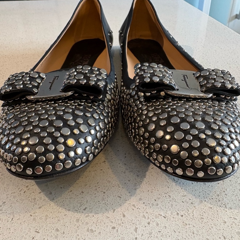 Salvatore Ferragamo Black Silver Studded Flats - Picture 7 of 7